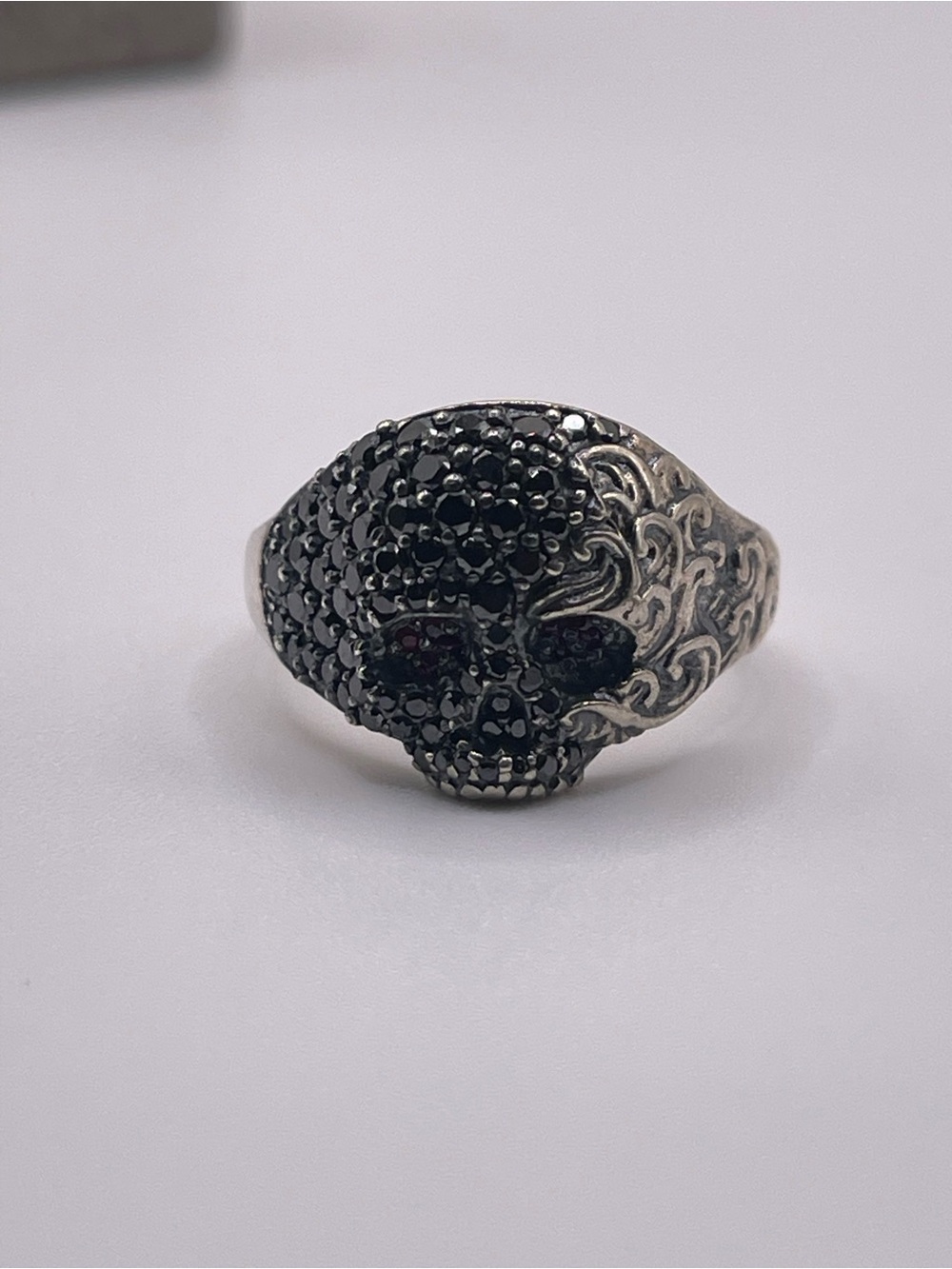 David Yurman Sterling Silver Skull Ring with Black Diamonds and Rubies - Picture 15 of 16